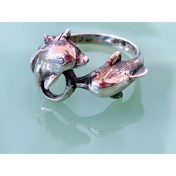 Vintage 925 Silver  Double Dolphin fish Ring Size 8.25 - Picture 7 of 11
